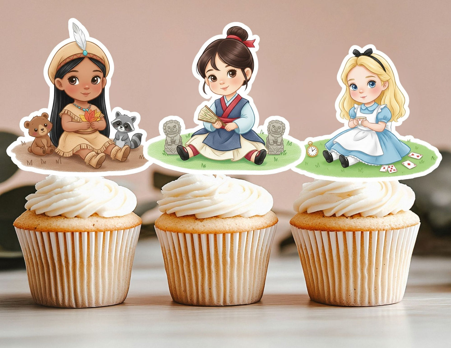 All Watercolour Birthday Princess Cupcake Toppers, Girls Toppers, Princesses Party Toppers