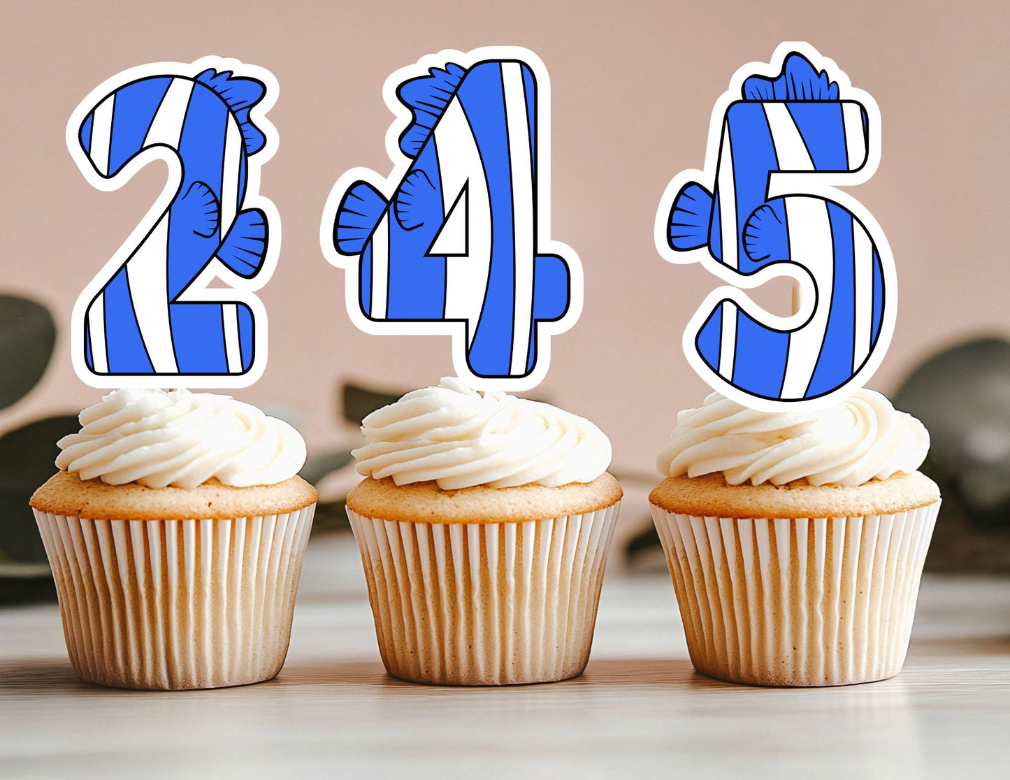 Personalized Baby Blue Fish Cupcake Toppers, Under the Sea Cupcake Toppers