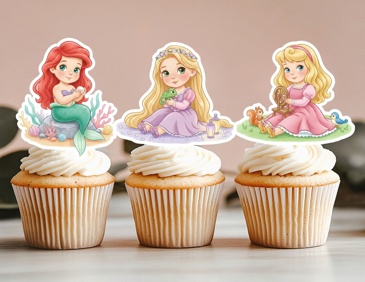 All Watercolour Birthday Princess Cupcake Toppers, Girls Toppers, Princesses Party Toppers