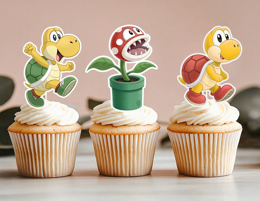 Cute Power Up Characters Cupcake Toppers, Gamers Cupcake Toppers, Level Up Toppers, Star and Plant Toppers