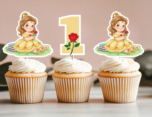 Customized Watercolour Birthday Princess Cupcake Toppers, Princess Belle Party Toppers