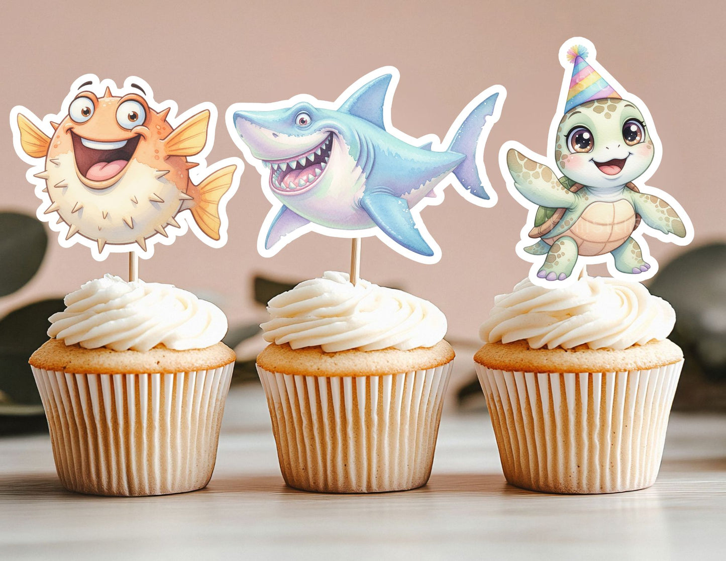 Under the Sea Creature Cupcake Toppers, Fish, Shark Turtles Cupcake Toppers, Orange Fish Toppers