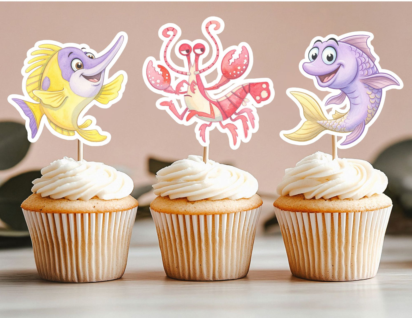 Under the Sea Creature Cupcake Toppers, Fish, Shark Turtles Cupcake Toppers, Orange Fish Toppers
