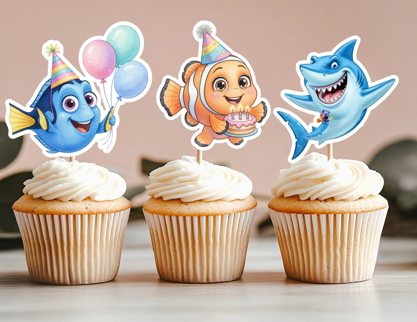 Under the Sea Creature Cupcake Toppers, Fish, Shark Turtles Cupcake Toppers, Orange Fish Toppers