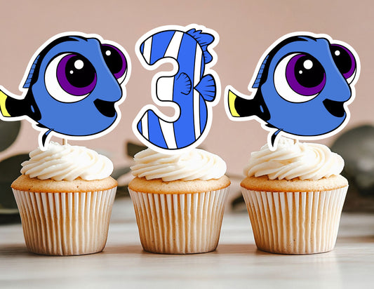Personalized Baby Blue Fish Cupcake Toppers, Under the Sea Cupcake Toppers