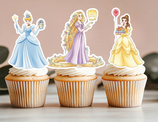 All Watercolour Birthday Princess Cupcake Toppers, Girls Toppers, Princesses Party Toppers