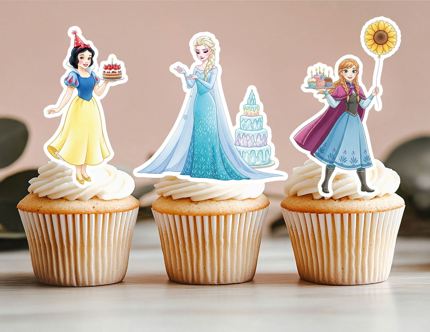 All Watercolour Birthday Princess Cupcake Toppers, Girls Toppers, Princesses Party Toppers