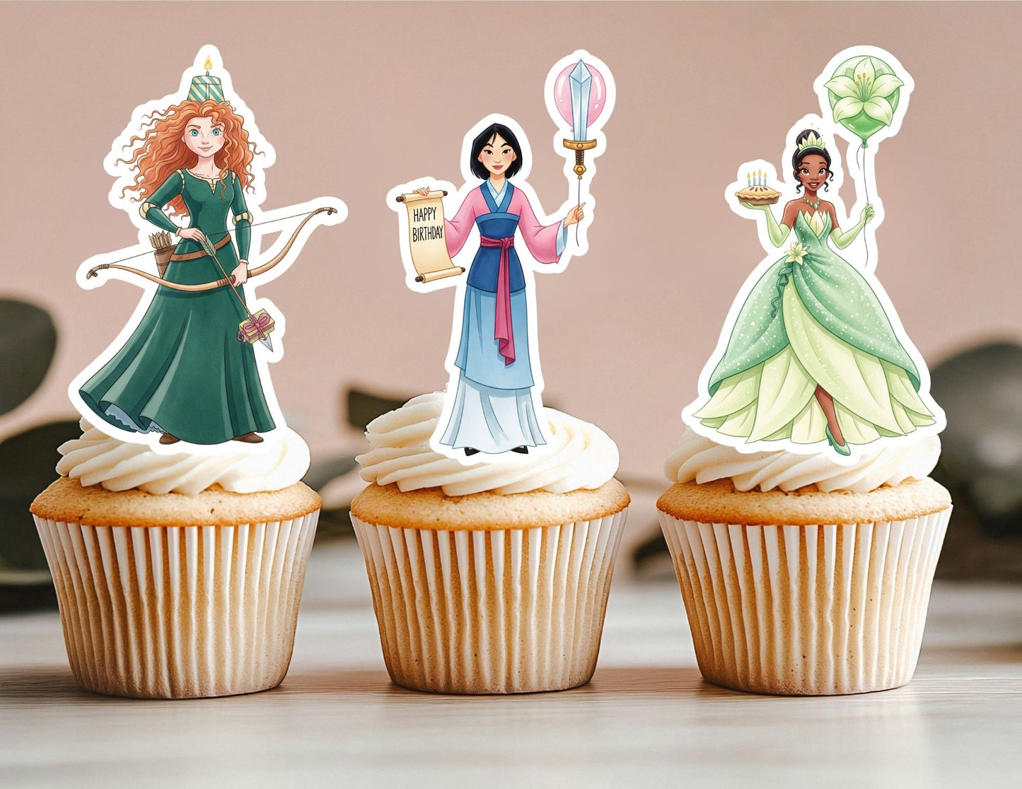 All Watercolour Birthday Princess Cupcake Toppers, Girls Toppers, Princesses Party Toppers