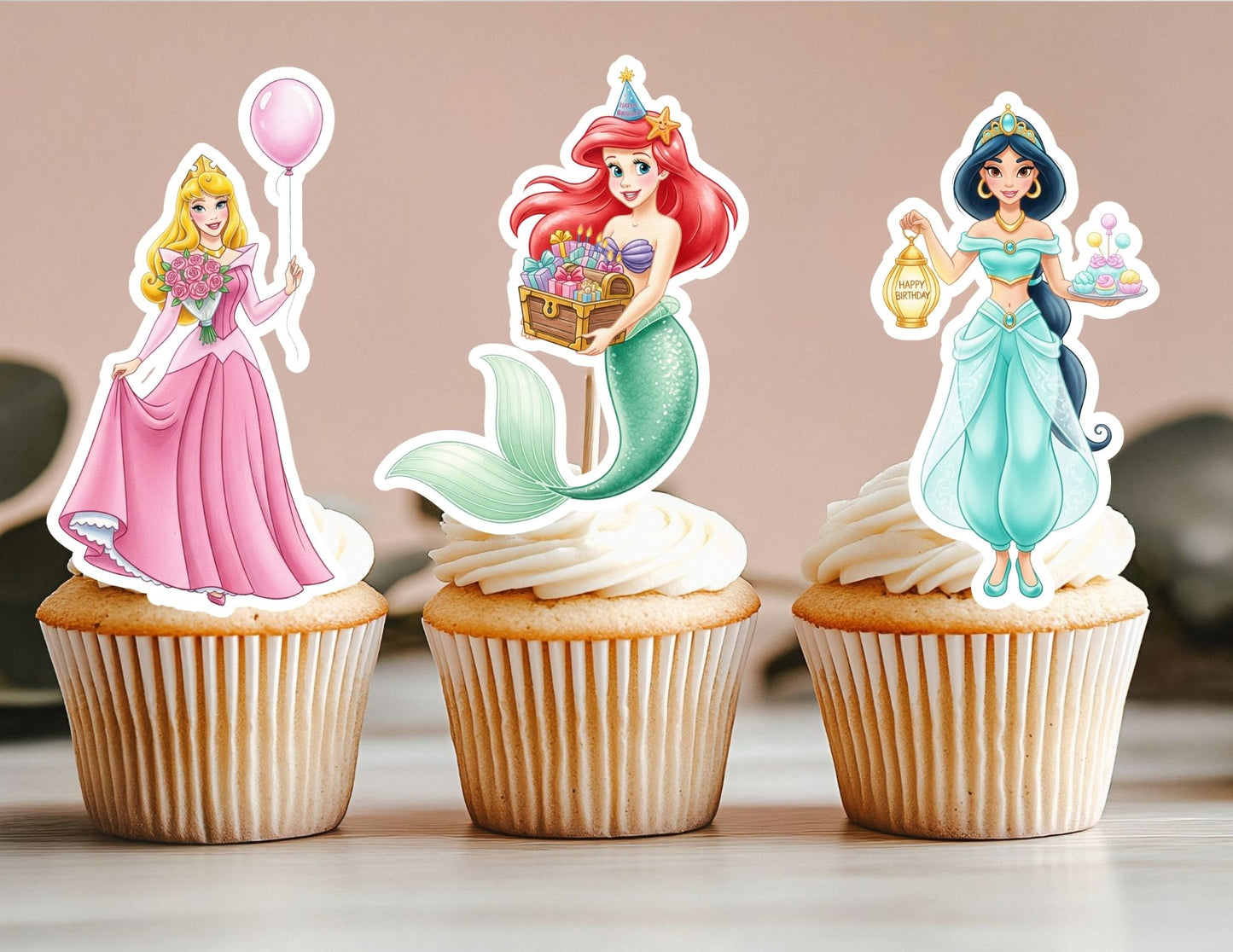 All Watercolour Birthday Princess Cupcake Toppers, Girls Toppers, Princesses Party Toppers