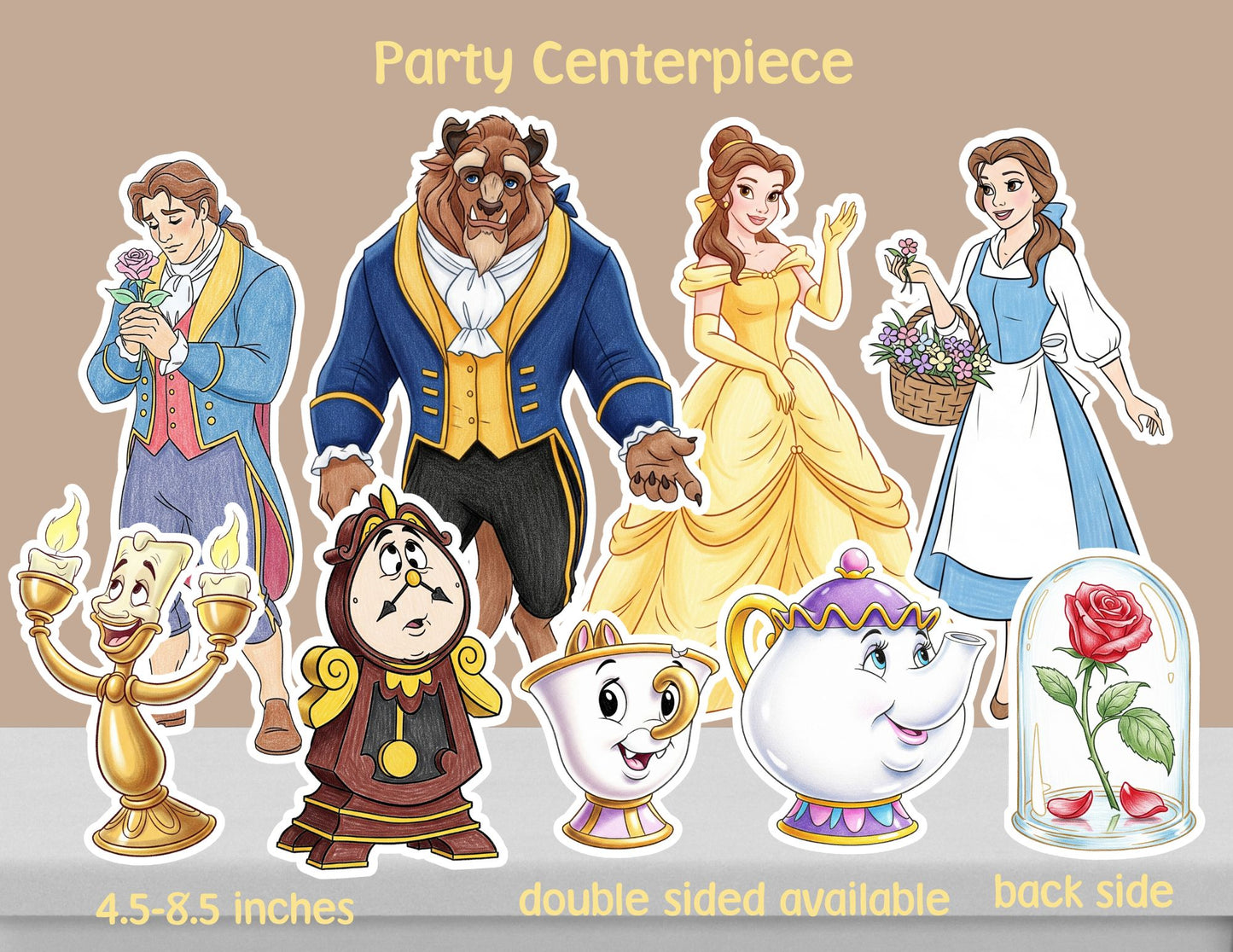 Watercolour Princesses & Beast Centerpieces, Princess Party Decoration